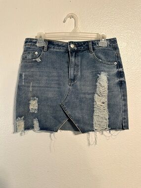 Distressed Blue Denim Mini Skirt